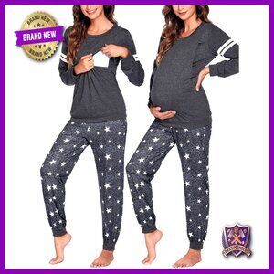 Maternity Nursing Pajama Set Long Sleeve Top Pant Pockets Adjustable